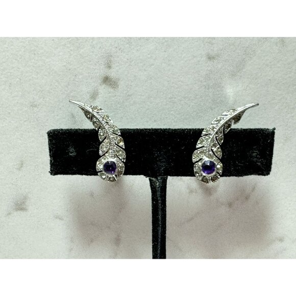 Art Decco Style Silver Marcasite Amethyst Feather Leaf Screw Back Vintage Earrin - Picture 2 of 4